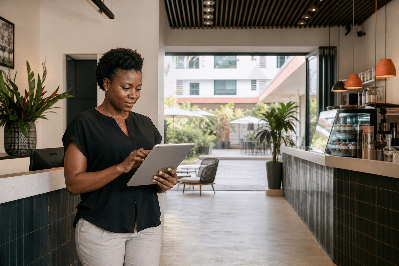 Ghanaian hospitality operator reviewing her venue on a tablet