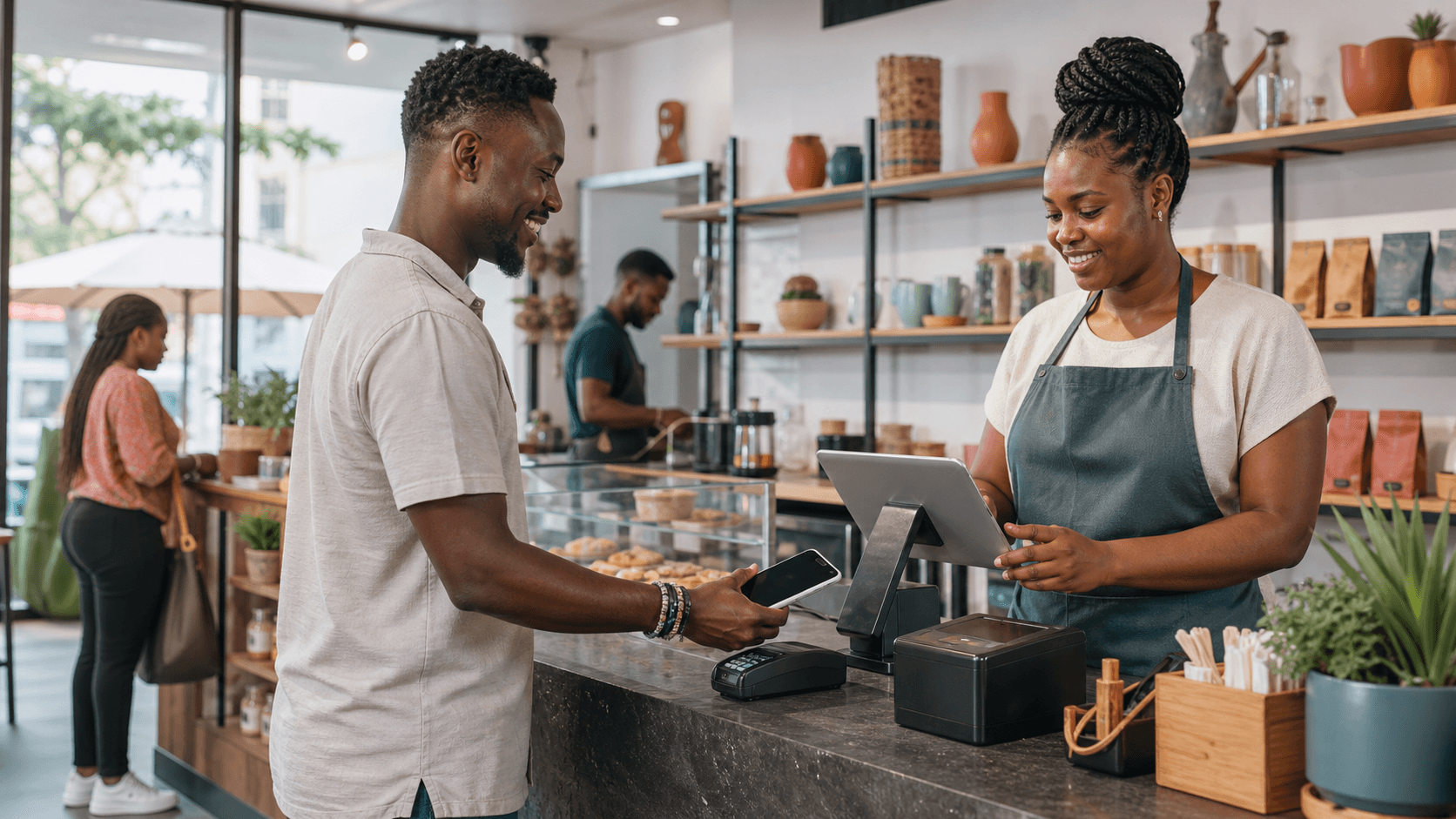 Customer paying at an independent Ghanaian business while staff completes the sale