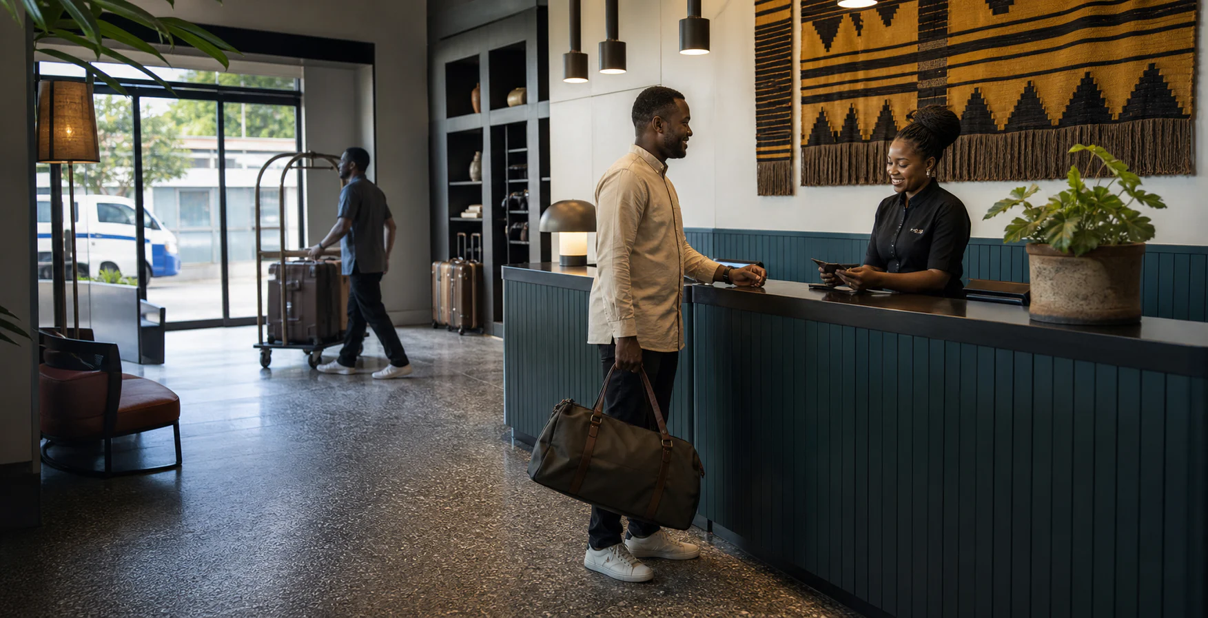 A guest checking in at an independent city hotel in Accra